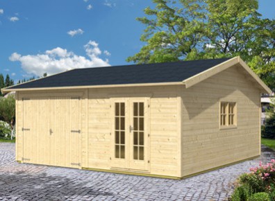 Abri garage en madriers de bois avec atelier intégré